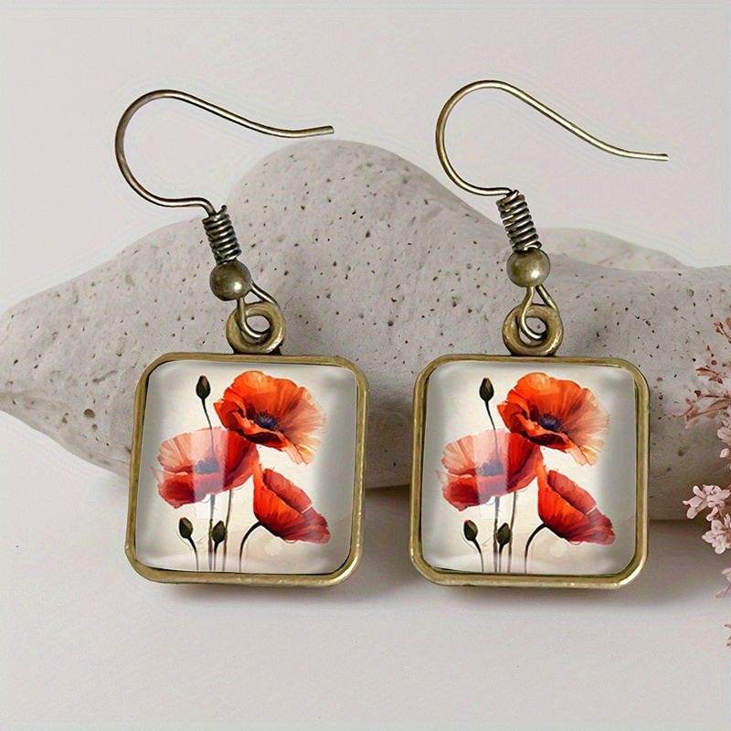 TEMU 1 Paire de Boucles d'Oreilles Carrées Camélias Rouges Rétro en Verre, Bagues Pendantes, Bijoux Main, Cadeau, Pile
