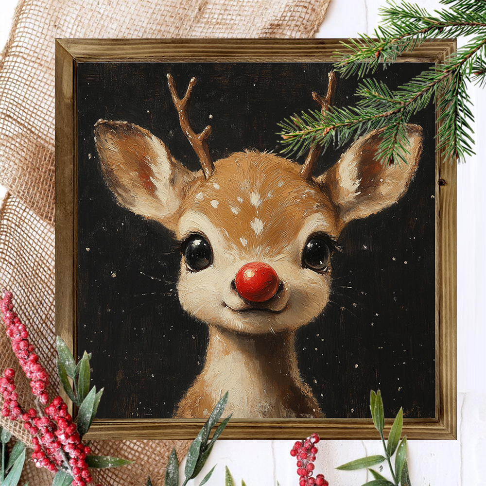 TEMU 2d Flat, 2d Flat, 1pc Vintage Wooden Frame Wall Decoration - 8x8 Inch Red- Snowflake And Deer Pattern, Rustic Farmhouse Style Christmas Plaque