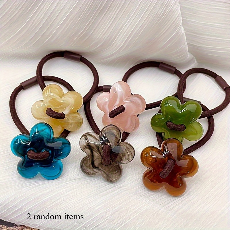 TEMU Bursting With Charm! A Set Of 2-4 Mixed Color Acrylic Hair Ties, Featuring High And Durability, With Ink Flower Patterns And Beads, In A Sweet And