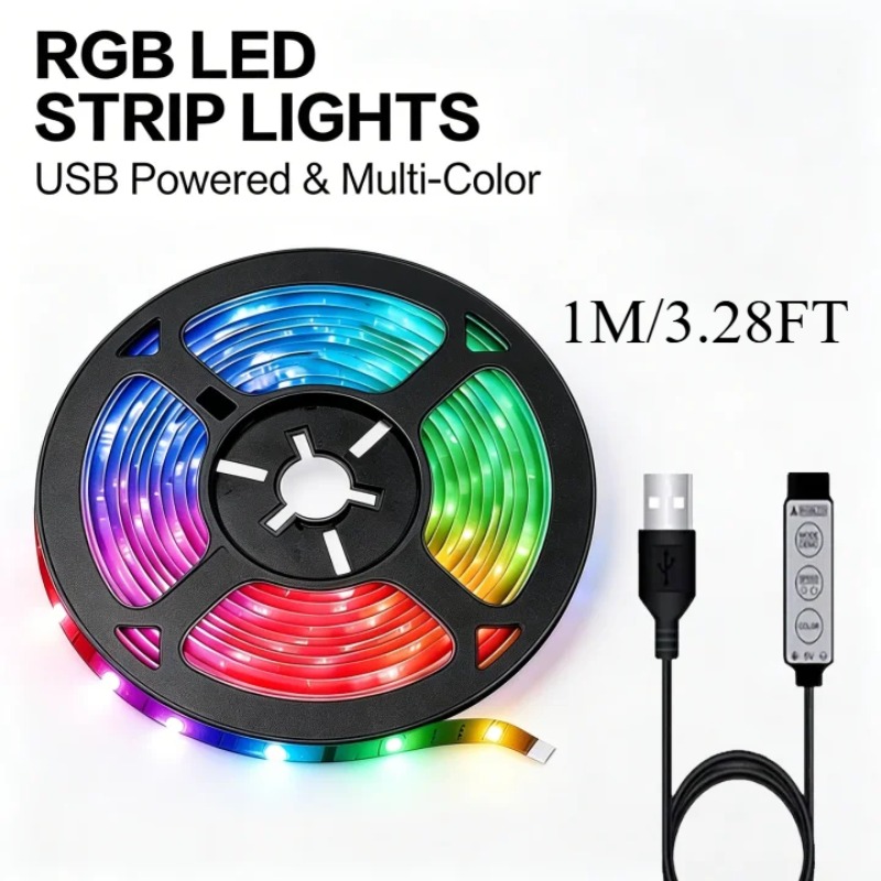 Temu – TEMU Usb Rgb Led Light Strip, Three-key Controller, Adjustable Brightness And Color Change, Plug-and-play, Suitable For Tv Backlight, Monitors, Room