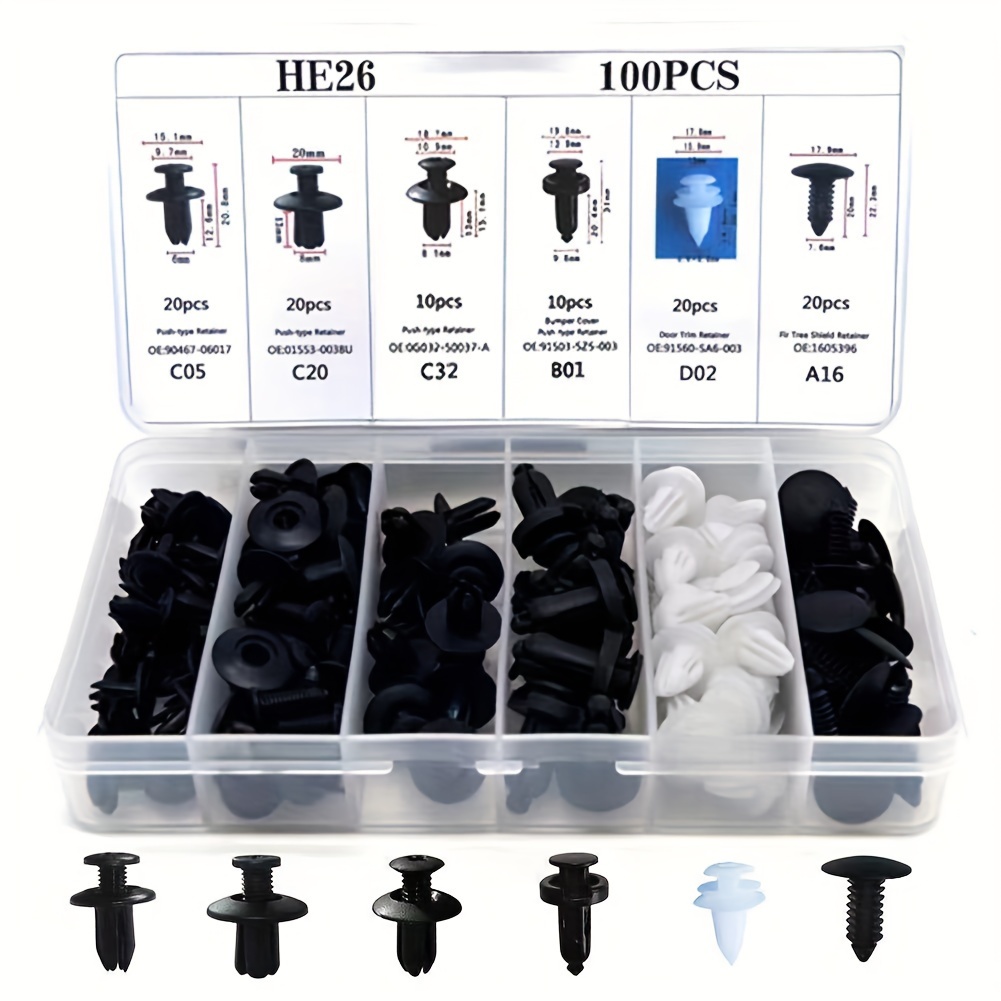TEMU Kit de 100 clips de retenue universels pour voiture et attaches en plastique - Matériau PP, jeu de rivets à pince à pression automatique pour ,