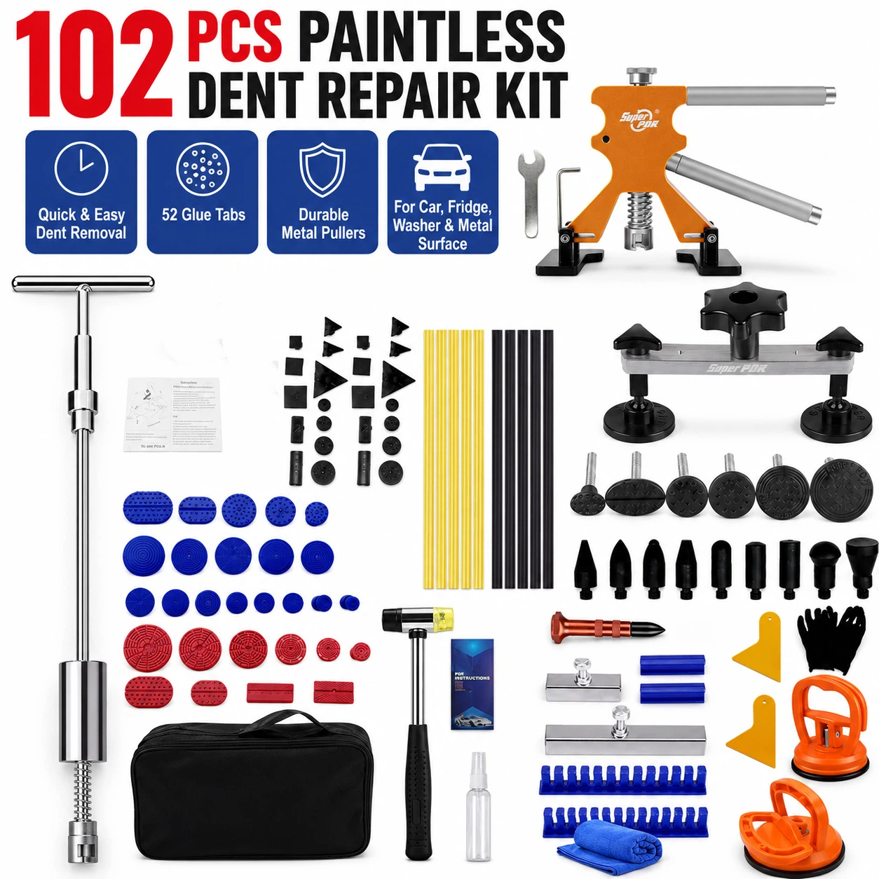 TEMU 102pcs Dent Repair Kit For Cars, Fridges&washers. A User Needs To Fix Dents On Their Car Door, Refrigerator, And Washing Machine-complete Puller