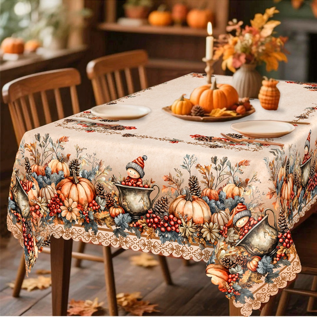 TEMU 2d Flat Tablecloth, 1pc Autumn Farmhouse Style Tablecloth, With Beige Decor, Pumpkin, , Berry, And Floral Patterns, Country Retro Design,