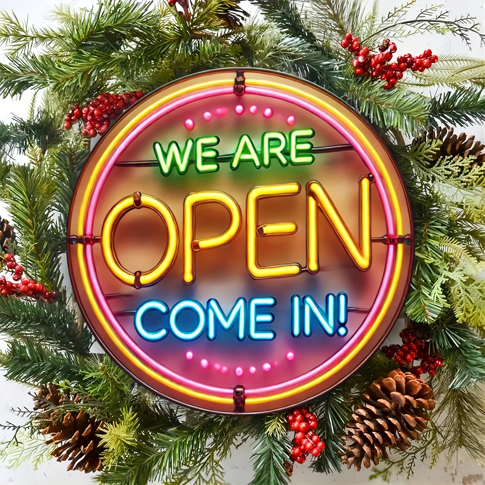 TEMU 1pc Metal Aluminum Decor Style " Open Welcome" Sign, Round Wall Art, 20.32x20.32 Cm, Durable Metal Decor Suitable For Home, Office, Bar, Cafe -
