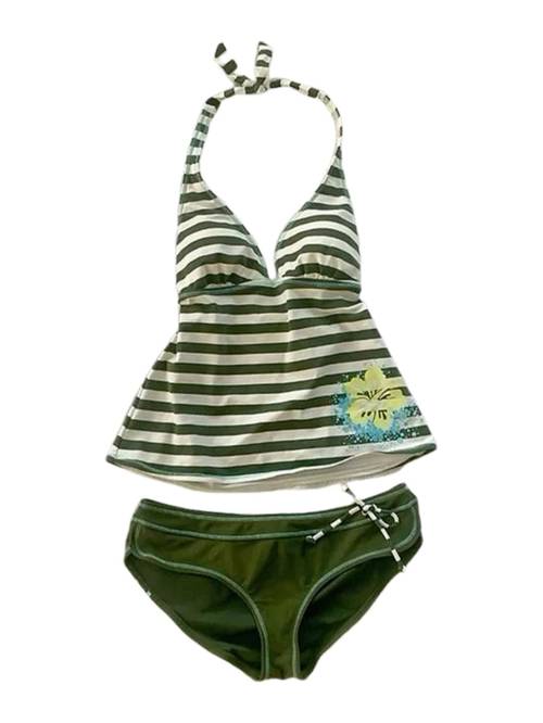 womens green white striped tankini swimsuit halter v neck tummy control tank top solid color briefs 2pcs swimwear with floral block bathing suit for beach vacation quick dry summer swim suit