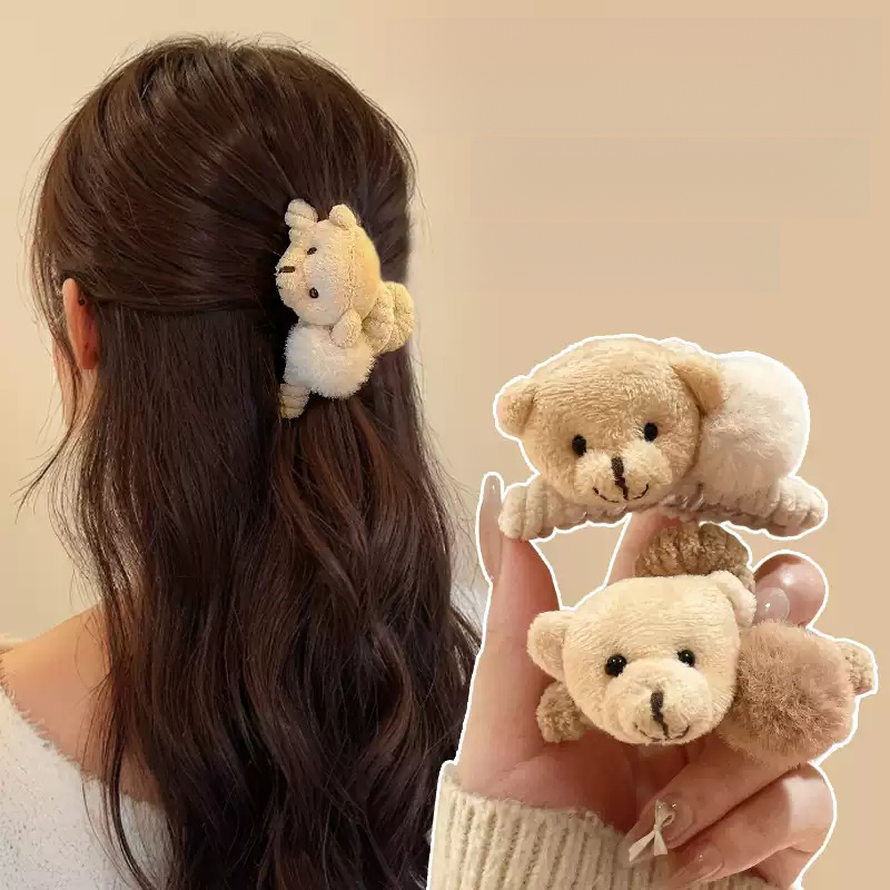1 2pcs bear hair ball half tie hair clip women autumn winter