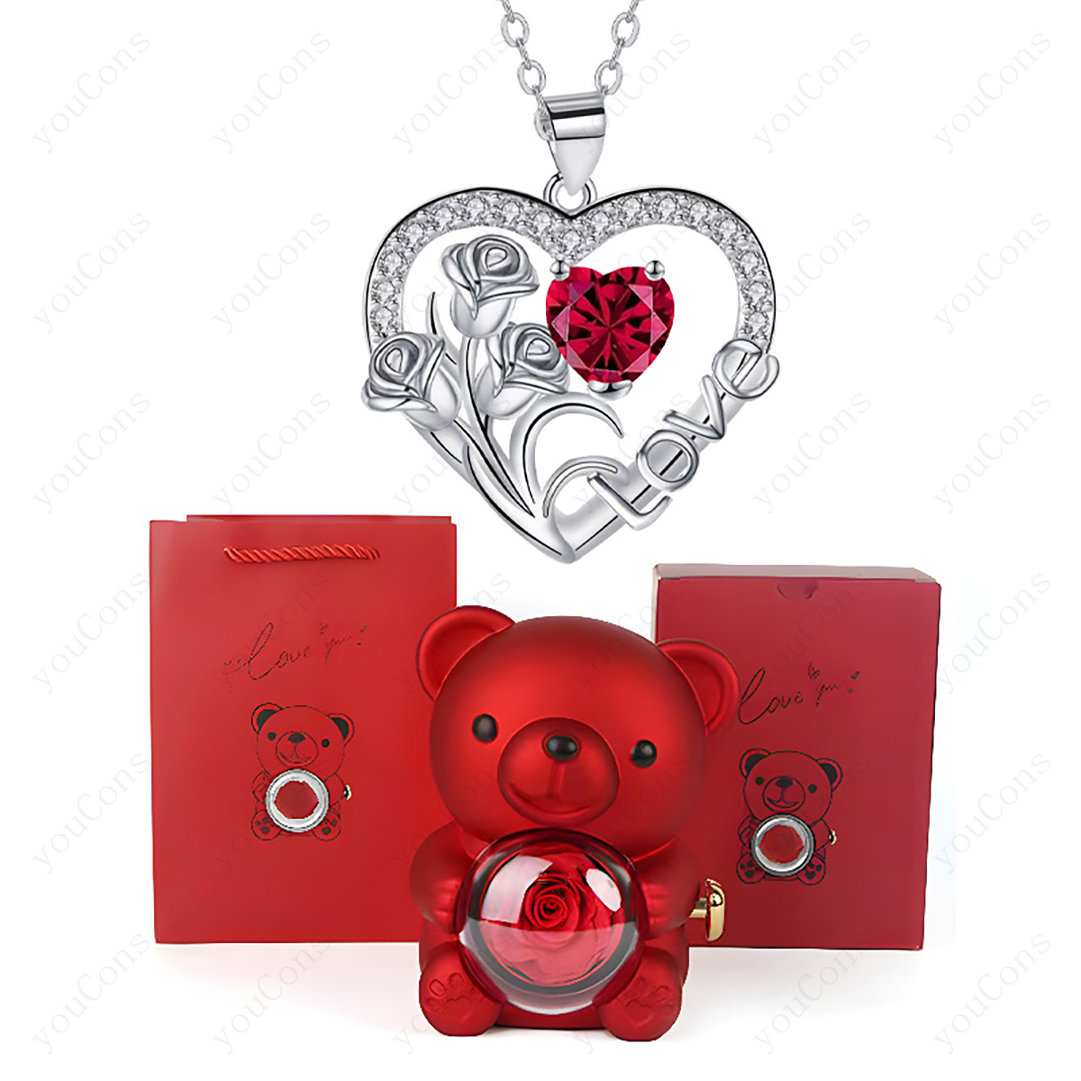 TEMU Collana con Pendente a Cuore in Zirconia 3D Vintage a Cuore con Traforata, Confezione Regalo Elegante con Orsacchiotto e Sacchetto Regalo, di