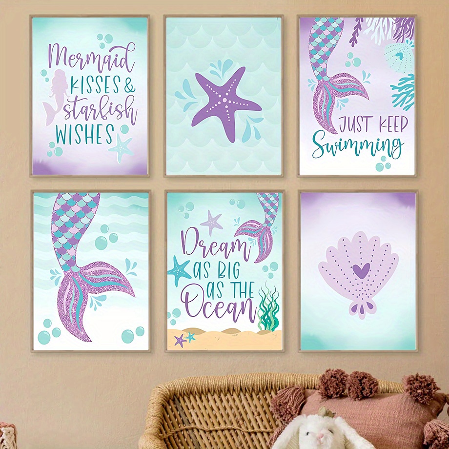 6pcs Unframed Mermaid Decor Prints Whimsical Wall Art for Girls  Bedroom, Nursery, or Bathroom Featuring Mermaid Tail and