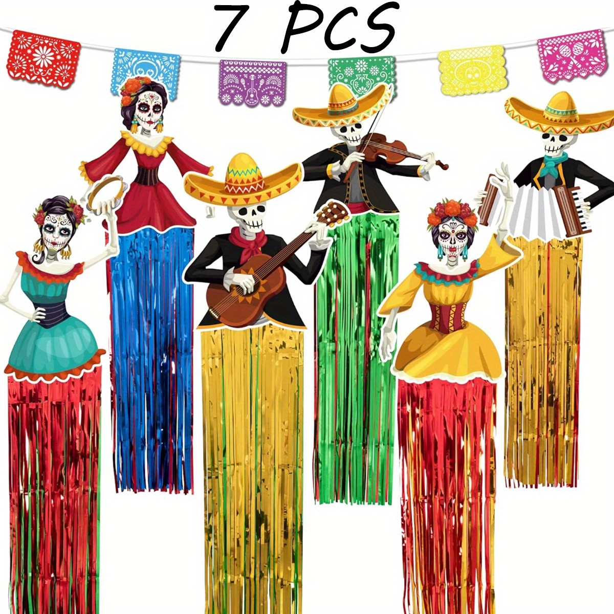 Image of 7pcs Decorations Sugar Hanging Decor - Dia De Los Muertos Papel Picado Banner Mexican For Halloween Party Home Outdoor Decoration - Home Decor, Hanging Decorations, Decorative Items