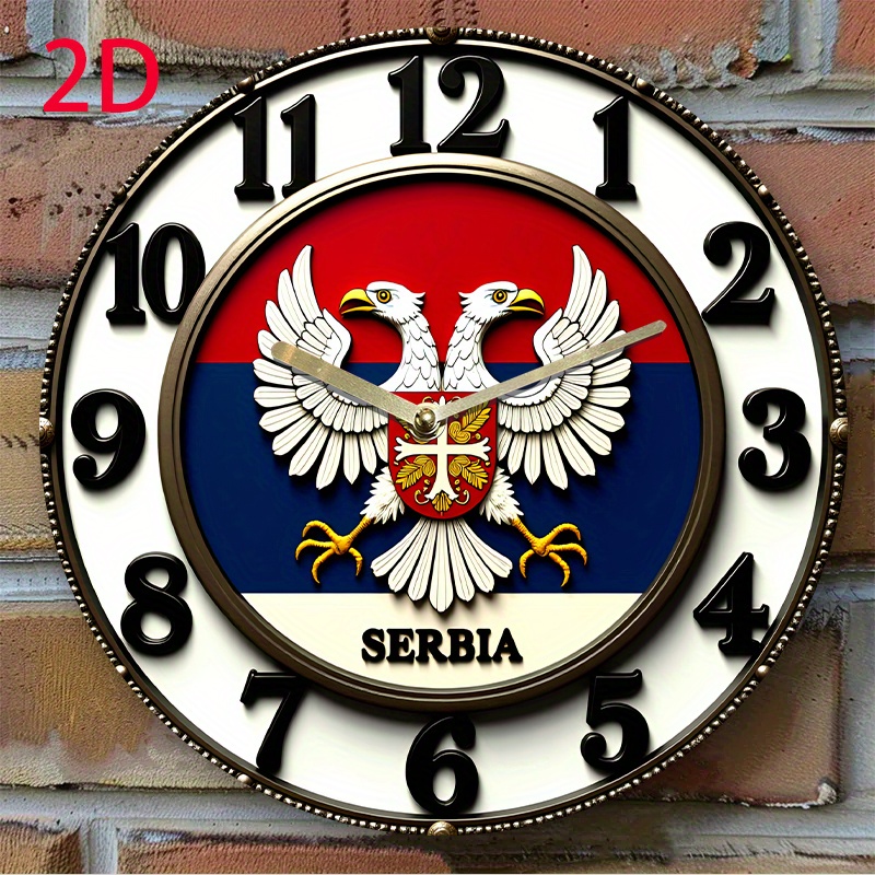 1 парче српска знаме метален стенски часовник - 8 инчи тих акрилен кварцов часовник со орел емблема, на батерии (аа не е вклучено), за дом, канцеларија, празнична декорација и подароци, подарок | орел емблема часовник | тиши кварцов часовник, 2д детали 1