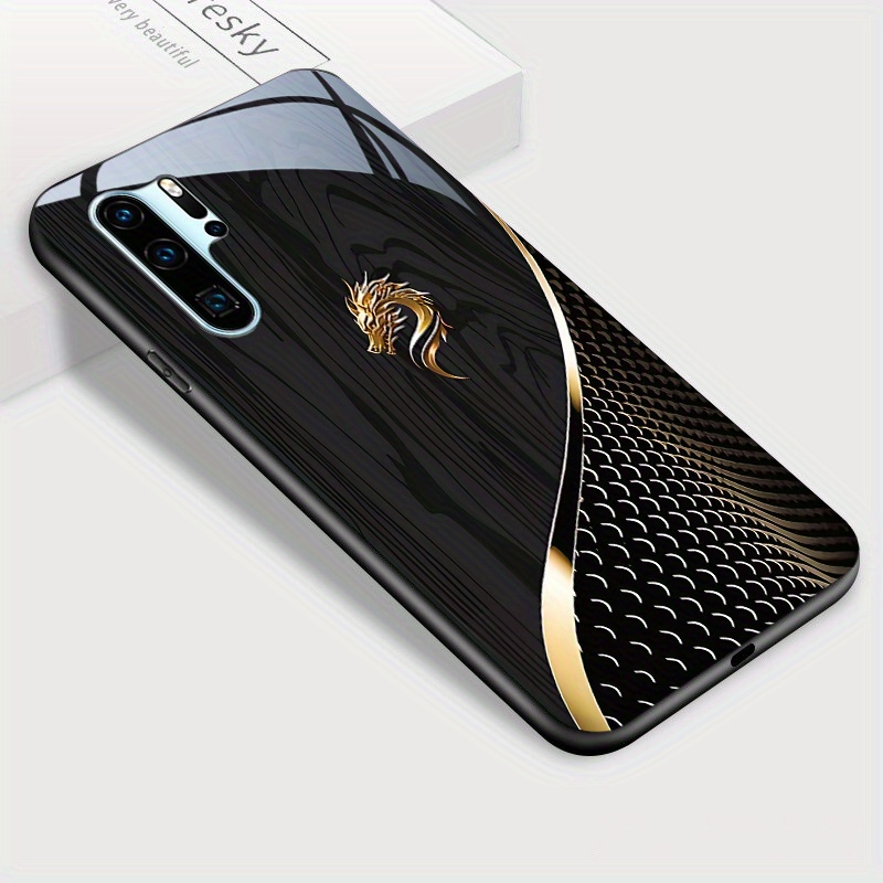 TEMU Pour P30 Coque de Téléphone, Tête de Dragon Dorée et Grain de en Verre Trempé Antichoc, Protection pour Mobile, Design Dragon, Coque Haut de