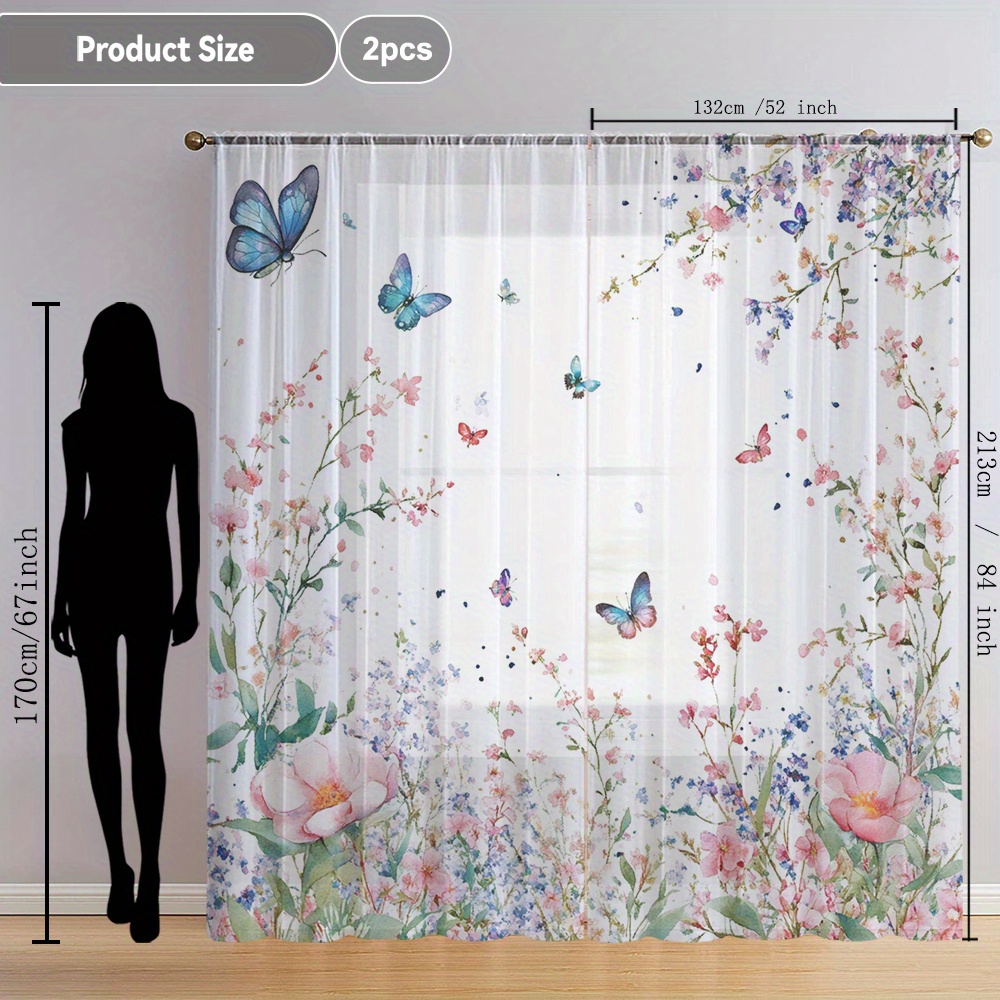 TEMU 2pcs Floral Watercolor Pattern, Printed Home Decor Sheer Curtains - Suitable For Kitchen, Cafe, Dining Room, Balcony, Garden, Bedroom
