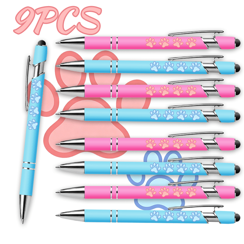 Image of Set Of 9 Dog Paw Cat Paw Print Series Ballpoint Pens. Metal Pen Body, Perfect Gift For Dog Lovers, Cat Lovers And Office Supplies