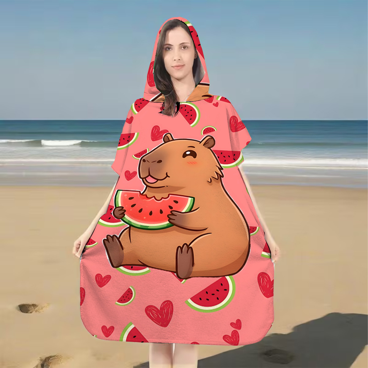TEMU 1pc Capybara Eating Watermelon Cute Picture Hooded Beach Bathrobe Cloak - Super Absorbent Quick-drying Microfiber, Machine Washable Wearable