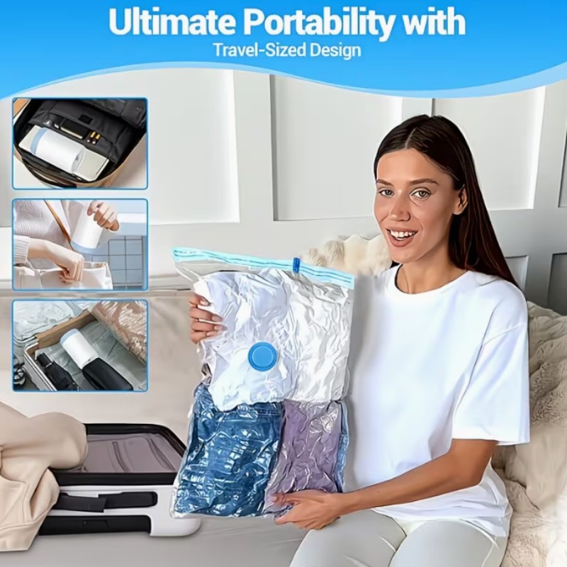 Image of The 14pcs Vacuum Compression Bag Set Includes A Hand Pump, Measuring X 15.75 Inches. It 80% Of Space And Is A Reusable Vacuum Storage Bag. Suitable For Bedding, Clothing, Blankets, And Luggage