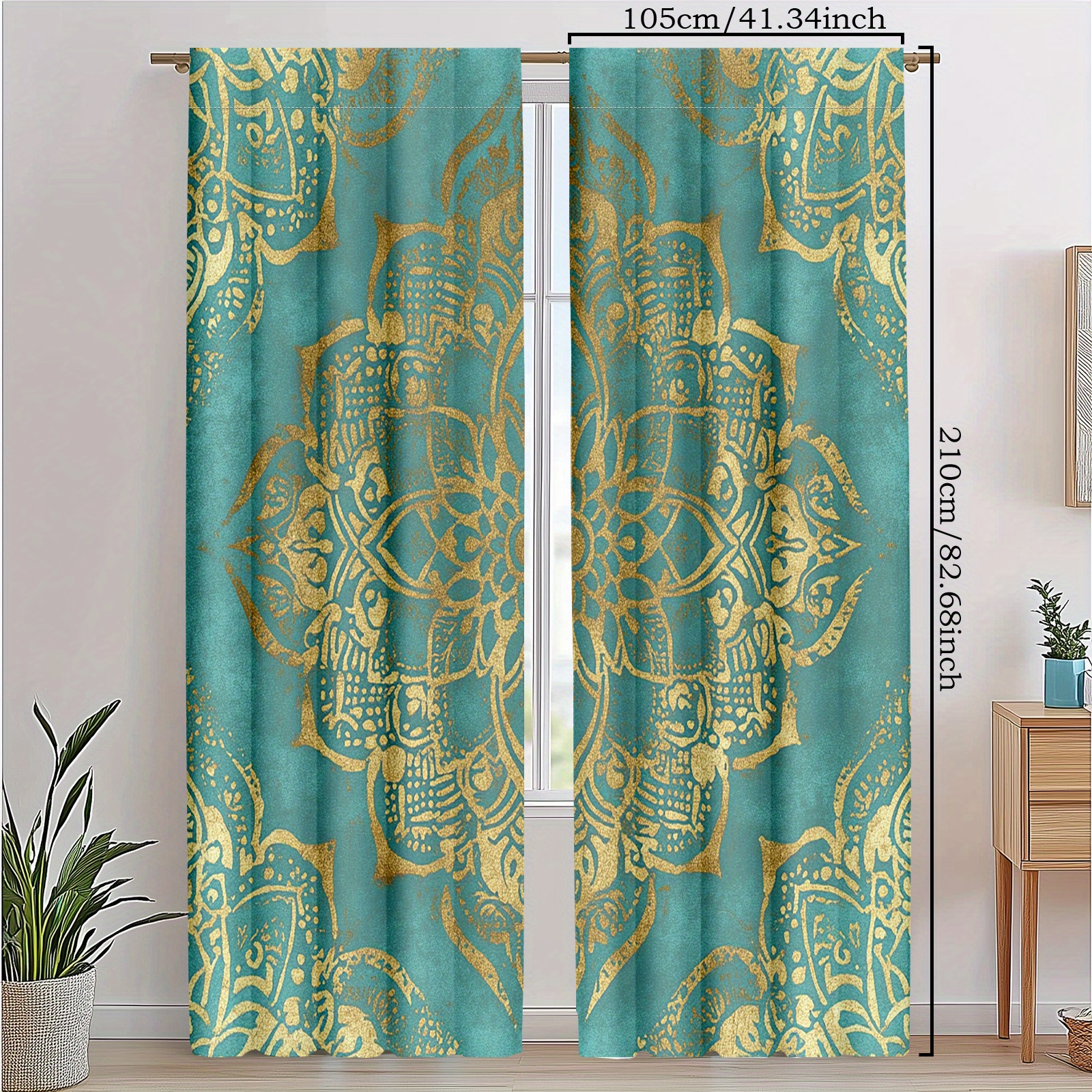 TEMU 2pcs Bohemian Curtains - Turquoise & Golden Mandala Window Drapes, Semi- Filtering Window Treatments For Living Room, Bedroom, Dining Room -