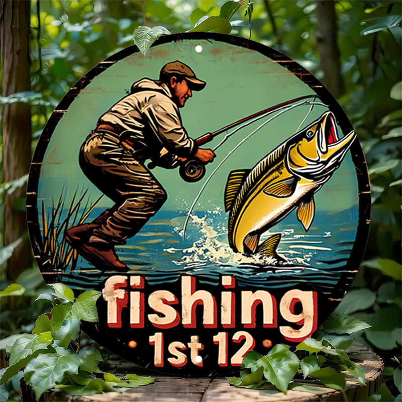 

Room Decor 1pc Vintage Fishing Metal Tin Sign, Retro Round Aluminum Wall Art, Rustic Fish Decor, Waterproof, Weather-resistant, With Pre-drilled For Easy Hanging, For Home, Garage, Cafe