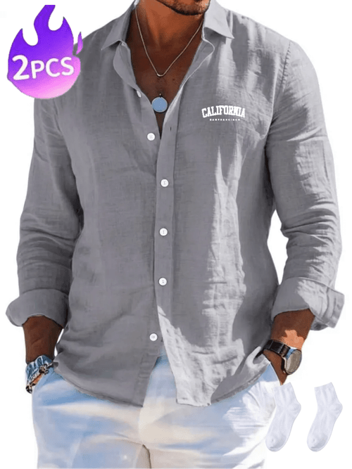 immagine dell'articolo elegante set estivo 2 pezzi camicia in lino, design , tessuto traspirante, colori solidi , per uscite casual, chic