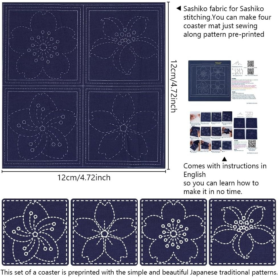 4 Sets Sashiko Coasters Kit with Instructions