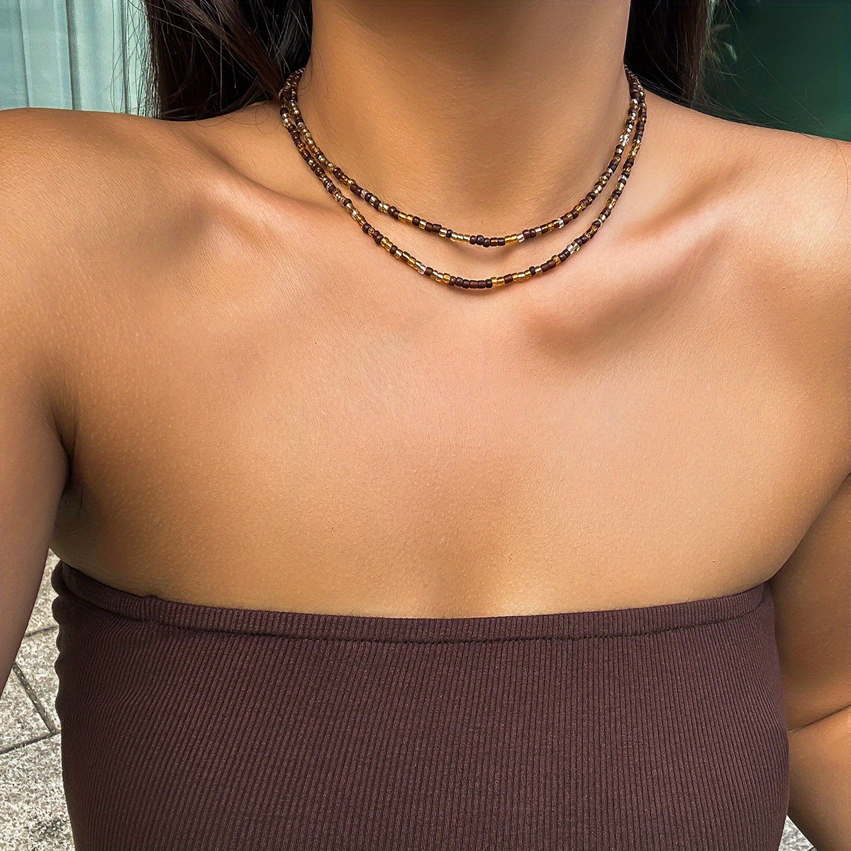 TEMU 2pcs Set, Women's Fashion Choker Necklace, Vintage Bohemian Style Brown Bead Round Bead Choker Necklace, Summer Beach Ethnic Style Brown Bead