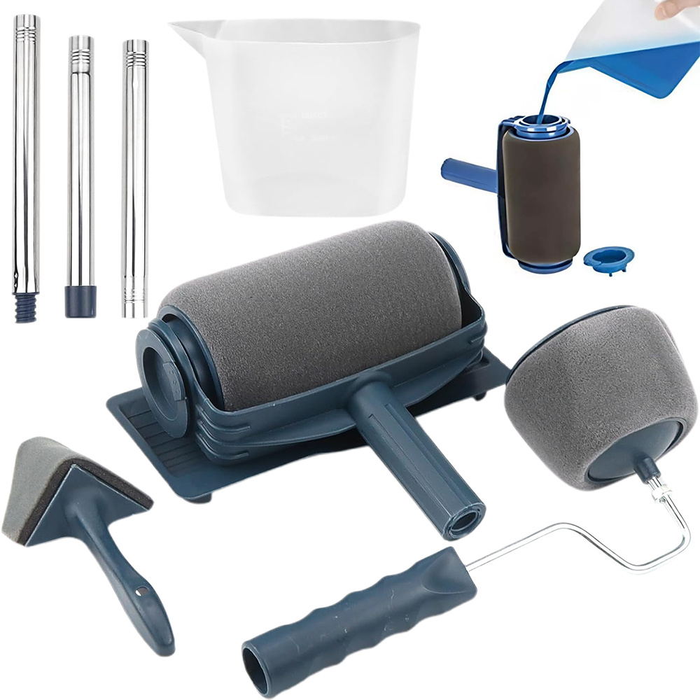 TEMU 8pcs/set Adjustable Extension Paint Roller Set | With Detachable Handle, Container, Large Wall Roller, Edge Brush For Indoor Walls, Door Frames,