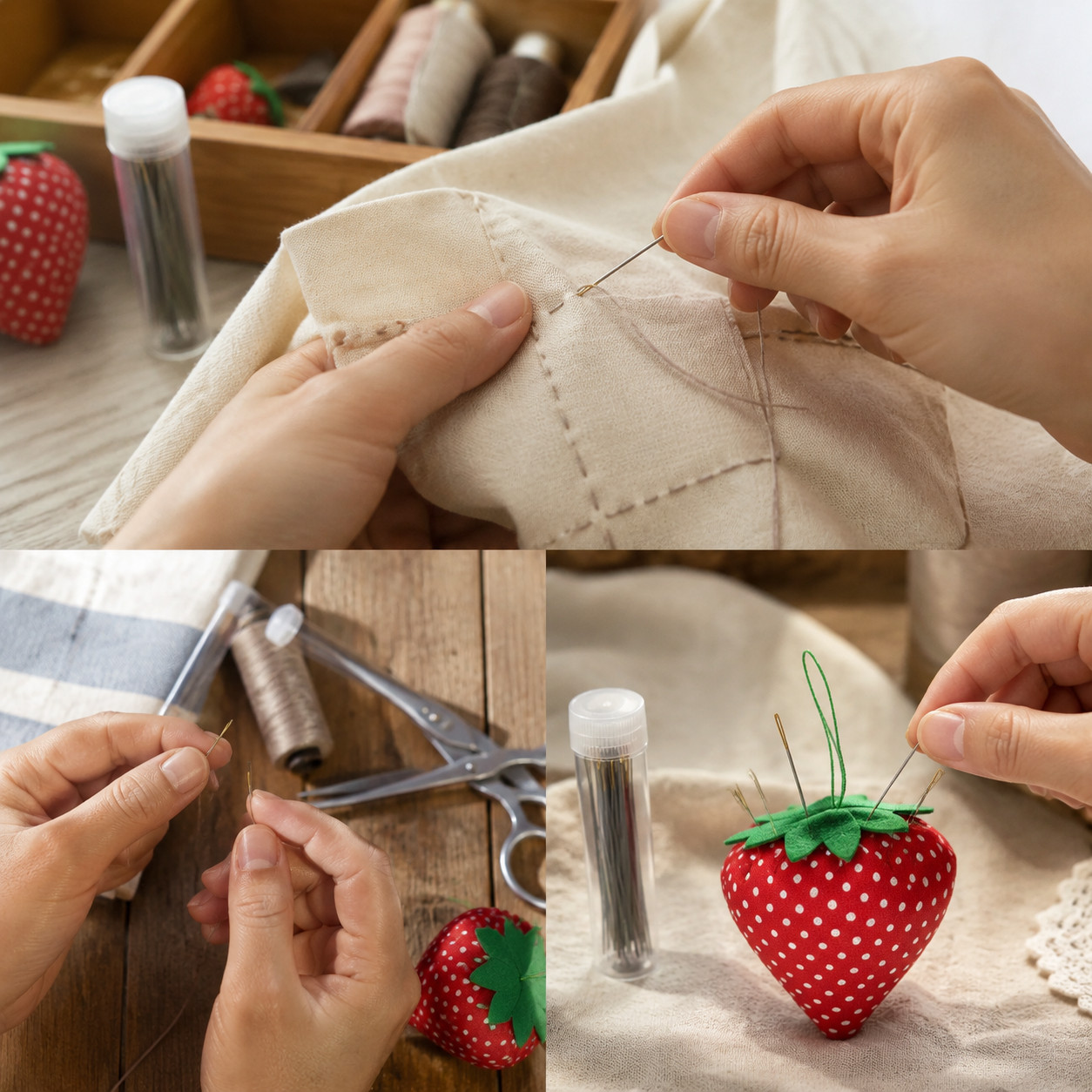 Gold-Tail Hand Sewing Needles with Strawberry Pin Cushion, 4cm x 5 & 3.5cm x 3
