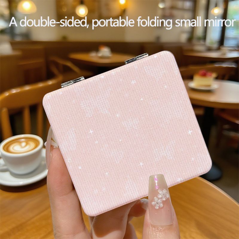 TEMU Pink Glitter Square Compact Mirror - Double-sided Folding Travel Mirror, Portable Makeup Mirror, Handheld Vanity Mirror, Perfect For Purse And