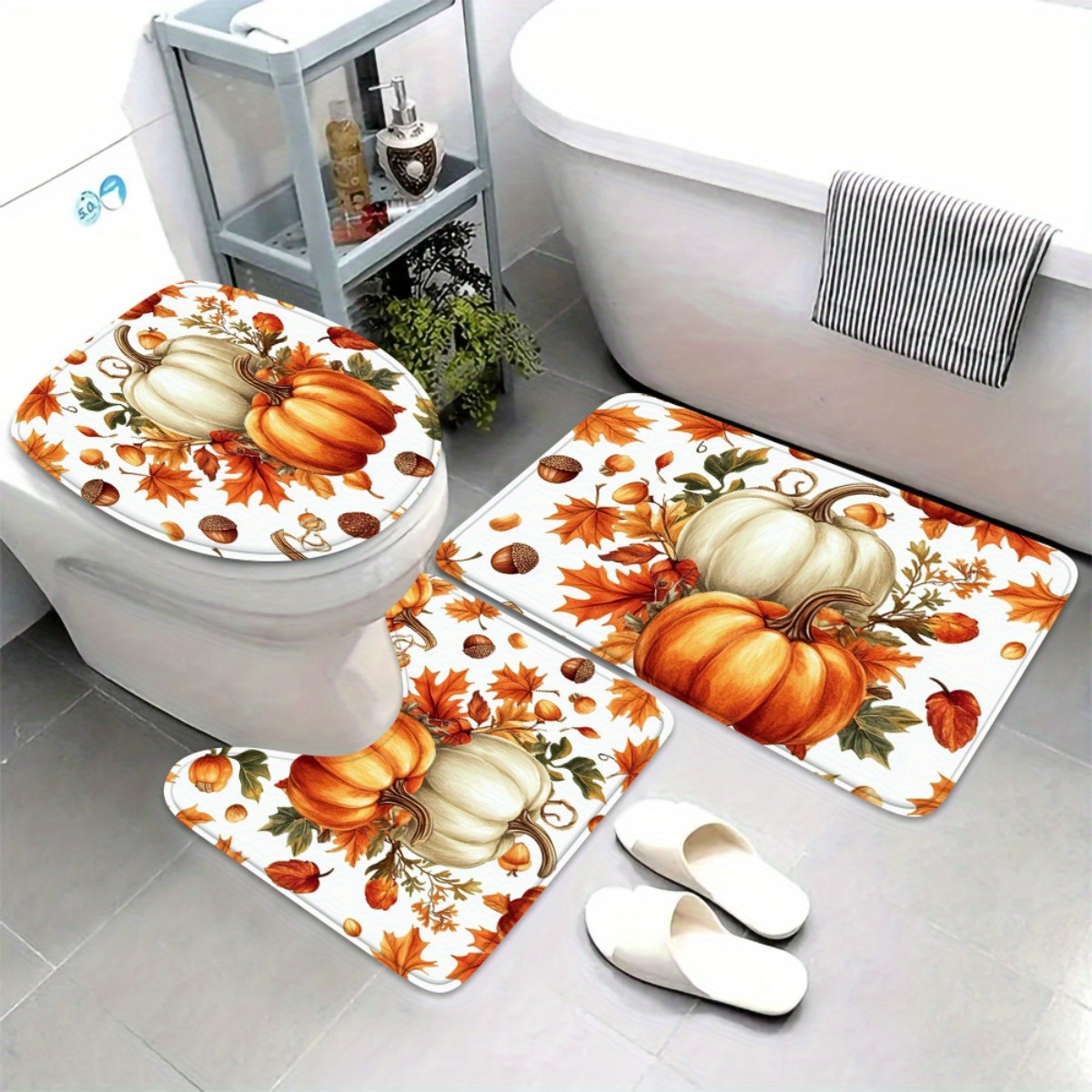 TEMU Three-piece Collection. Autumn-themed Pumpkin Bathroom Mat Set For Home Decoration, Featuring Soft, Comfortable, Non-slip Floor Mats, Durable