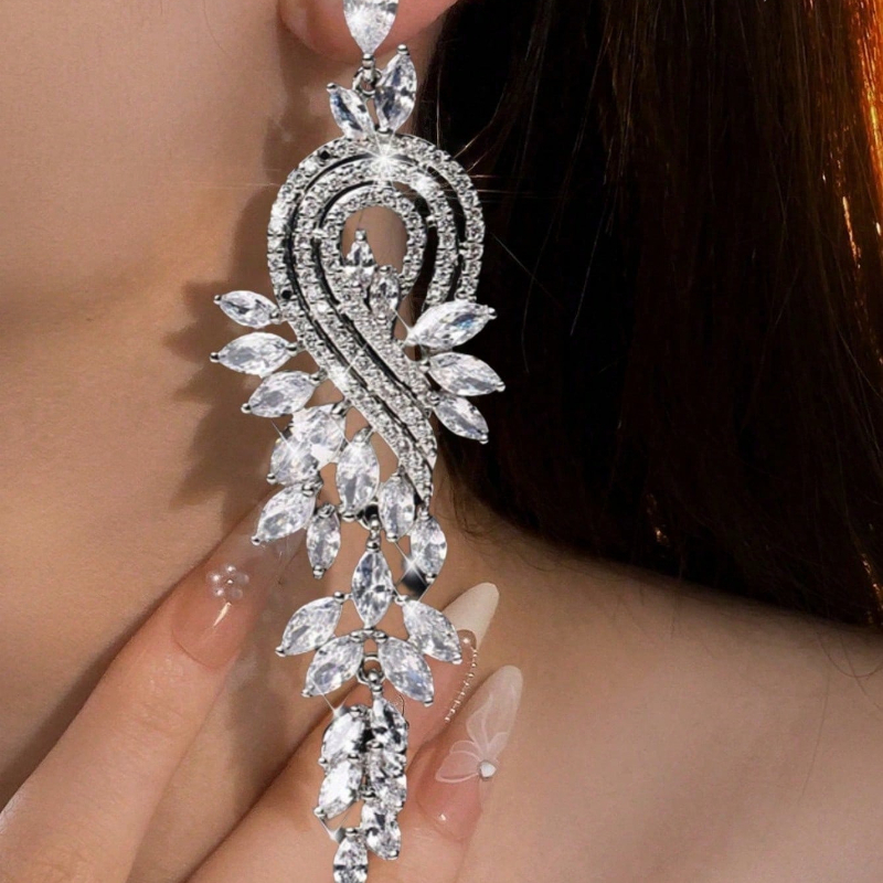 TEMU 1 Pair Long Fringed Flower Dangle Earrings, With Sparkling Synthetic Zirconia Pendants, Ideal For Parties, Gatherings, And Suitable As A Wedding