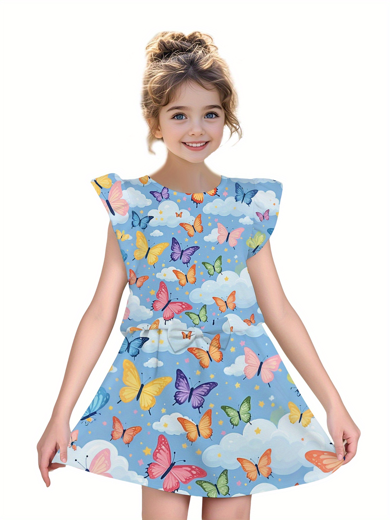 Robe D’été Fille – Bretelles à Nœud Papillon, Coupe Trapèze, Légère Et Respirante
