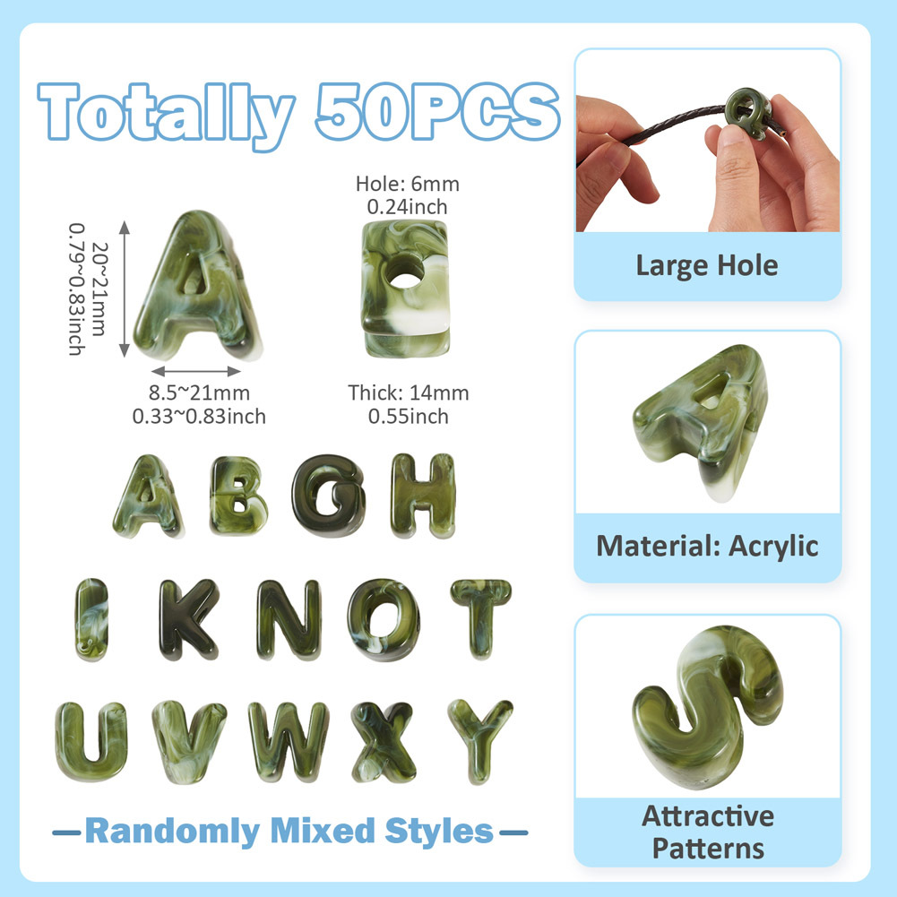 TEMU 50 Stück Acryl Perlen im europäischen Stil, Perlen mit großem Loch, zufällig gemischte Buchstaben-Designs, Größe 20~21X8.5~21X14mm, geeignet für