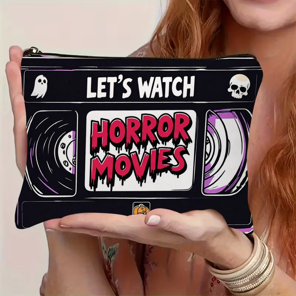 TEMU 1pc Sac Cosmétique Plat Imprimé 2D Horreur Bande VHS - Noir avec Accents Violets, Texte " WATCH" et Gouttelettes "HORROR MOVIES", Décor //Pomme