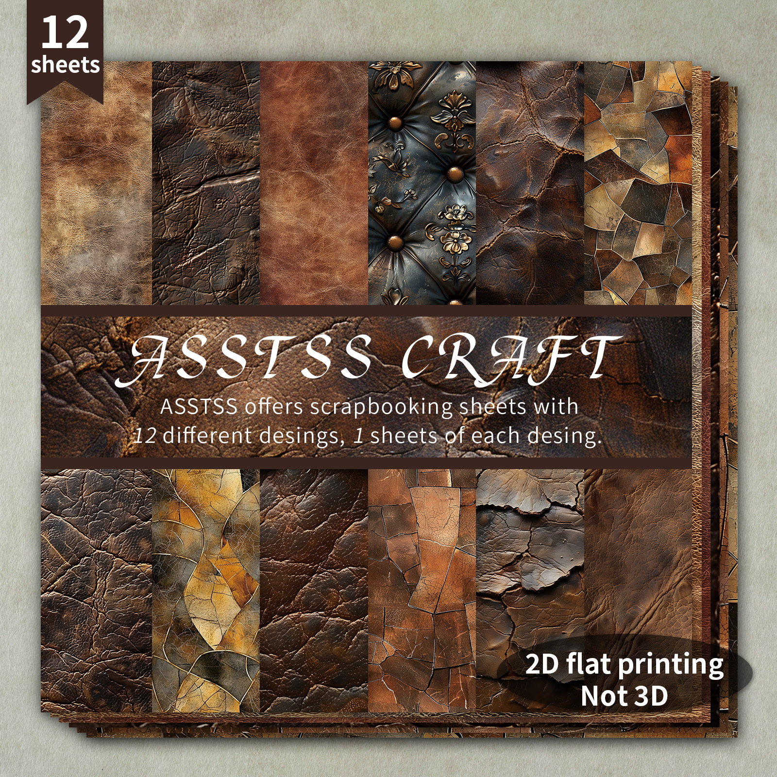 TEMU 12-sheet Asstss Heavyweight Scrapbooking Paper Pad Suitable For Journaling, Collage Art, Greeting Cards - Vintage Aged Leather Texture Backing