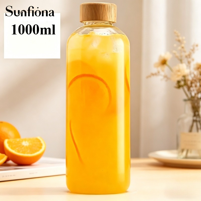 TEMU 1pc Sunfiona Borosilicate Glass Bottle With Bamboo Lid - Thermal Resistant Suitable For Travel, For Kombucha, , Tea, , Juice, Leakproof For Gym,