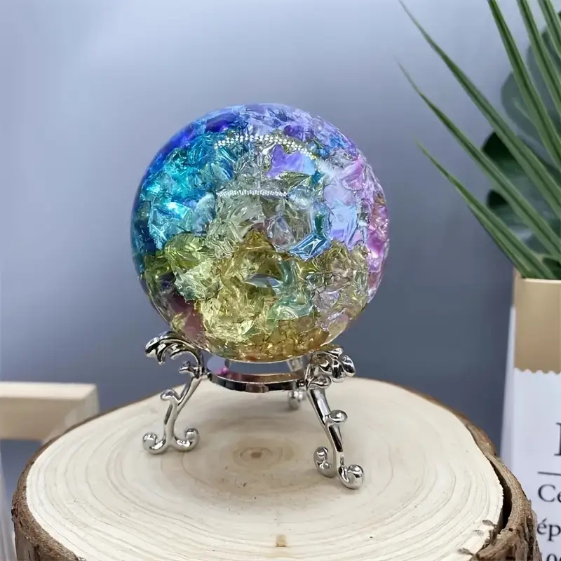 TEMU 1pc Colored Glass Crystal Ball With Metal Stand - Multicolor Glass Sphere ( Suitable For For Decor - Elegant Tabletop Centerpiece For Christmas,