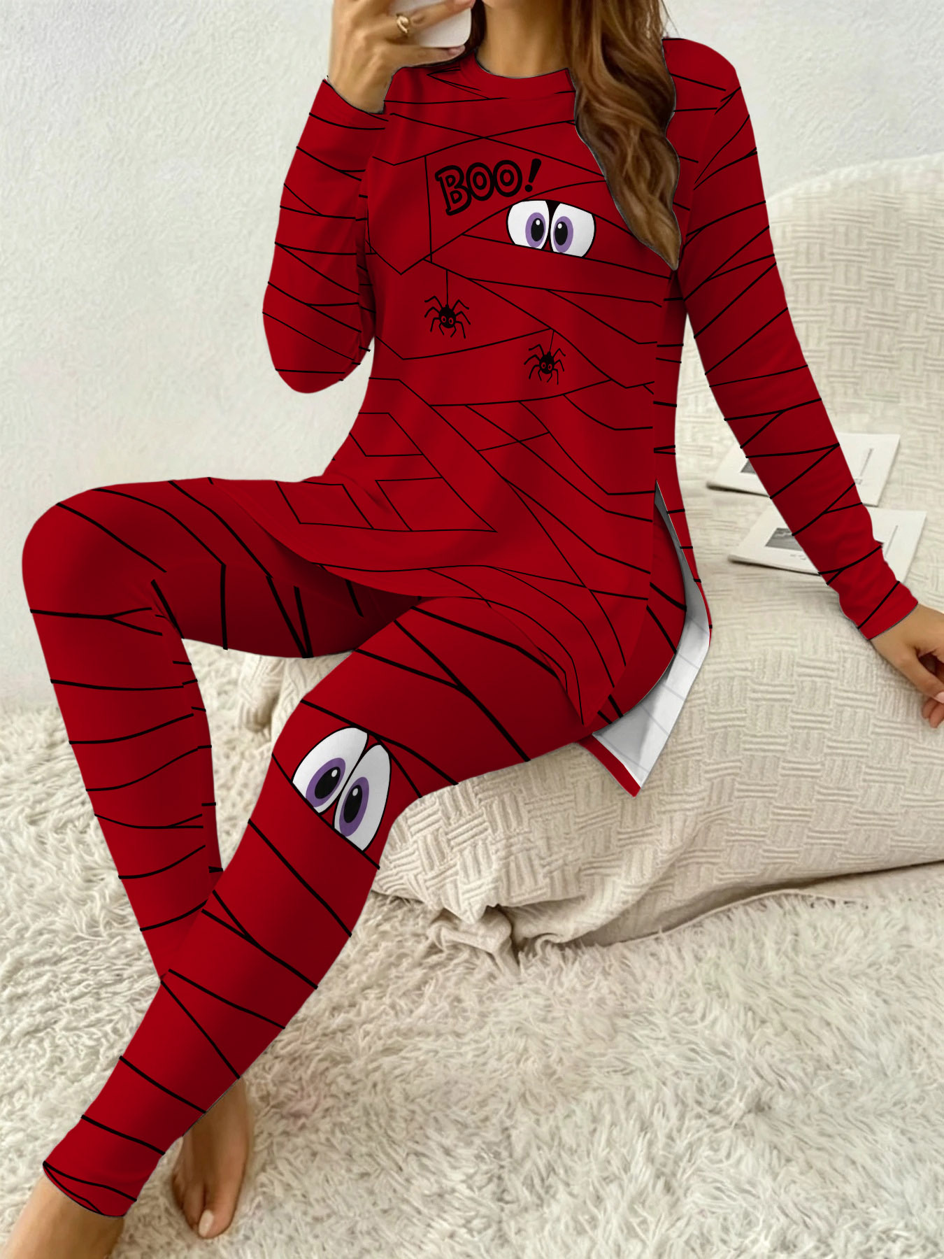womens halloween   boo   print 2pcs set long sleeve split top pants casual halloween party   set a stylish and comfortable y outfit  