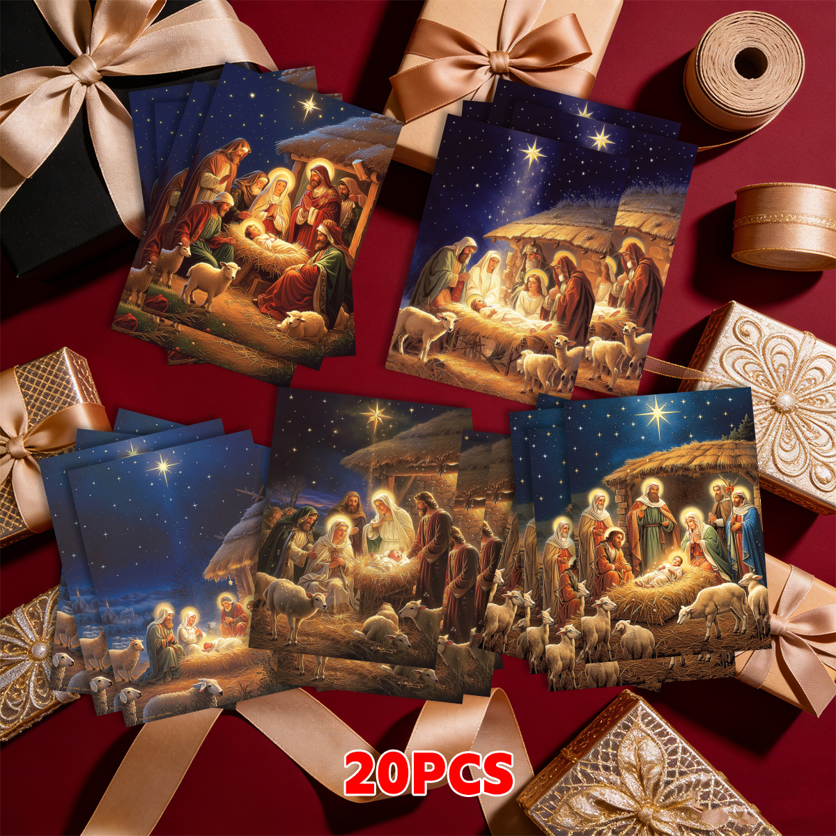 TEMU 20 Christmas Postcards, Holiday Postcards, Christmas Cards, Starry Sky, Manger, Flock Of Sheep, Figures, With Back, , Suitable For Parties
