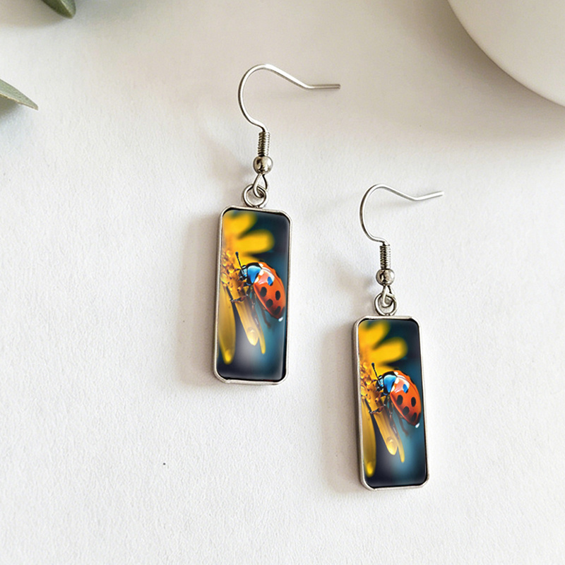 Sunflower Ladybug Dew Rectangular Glass Cabochon Earrings