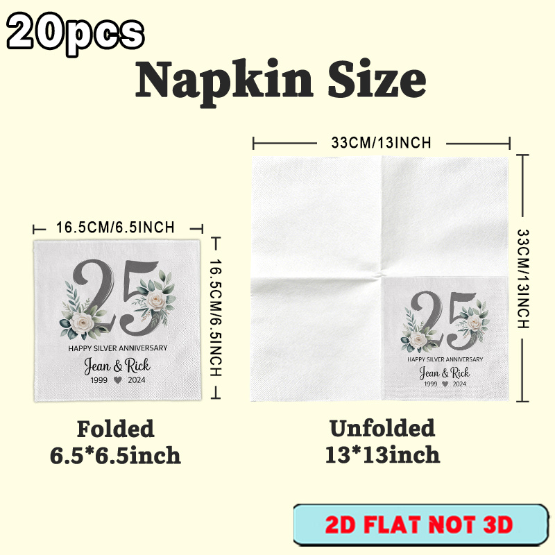 TEMU 2d Flat, 20pcs, Customized Personalized Napkins, Silver 25th Wedding Anniversary Floral Tissue Paper Your Personalized Designs, Text. Suitable