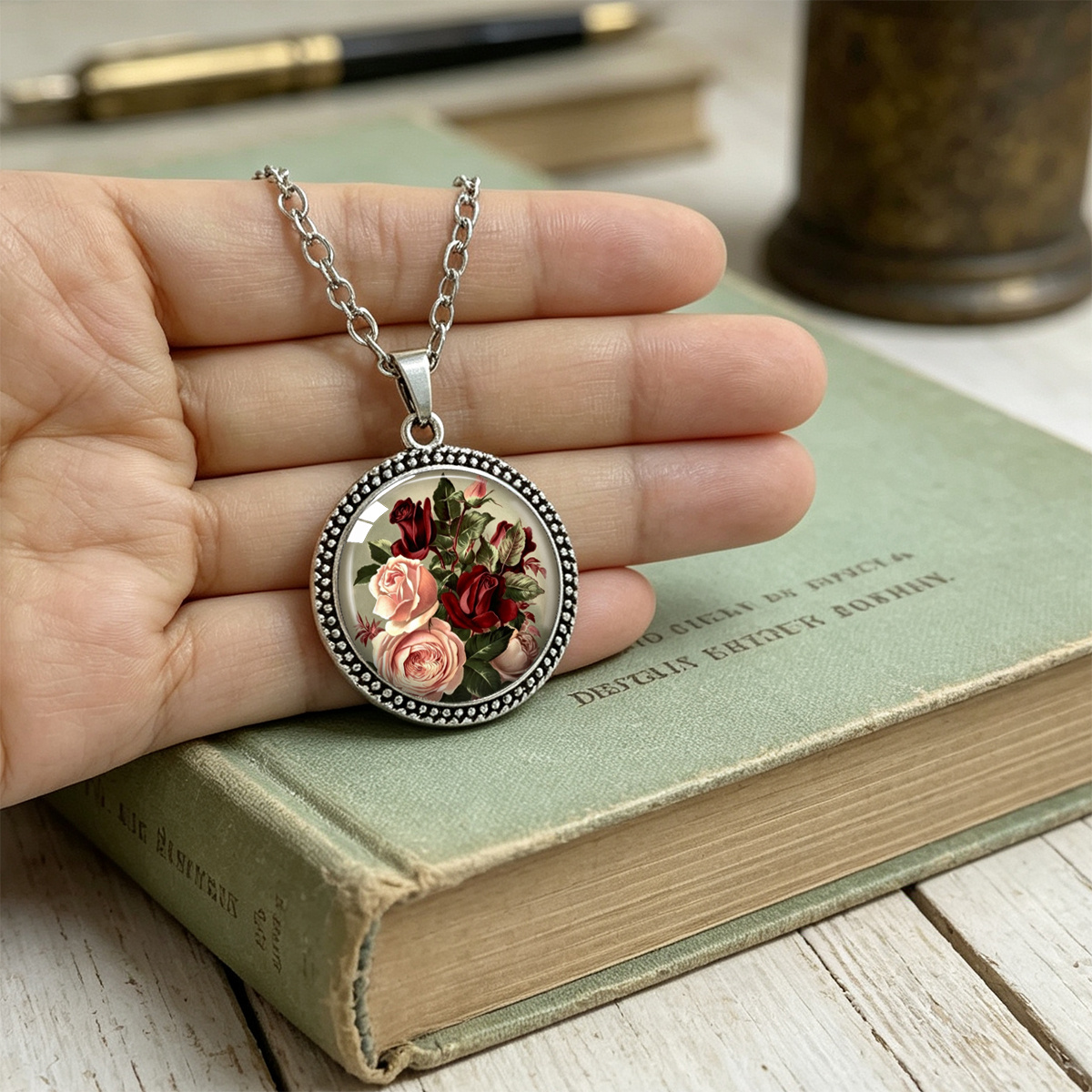 European Classical Rose Bouquet Printed Round Pendant Necklace, Valentine's Gift