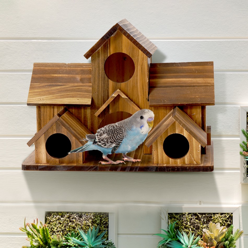 TEMU A Wooden Hanging Bird House, A 6 Hole Handmade Natural, Suitable For Outdoor Decoration In Backyards, Gardens, Courtyards, And, With Brown Solid Feeders