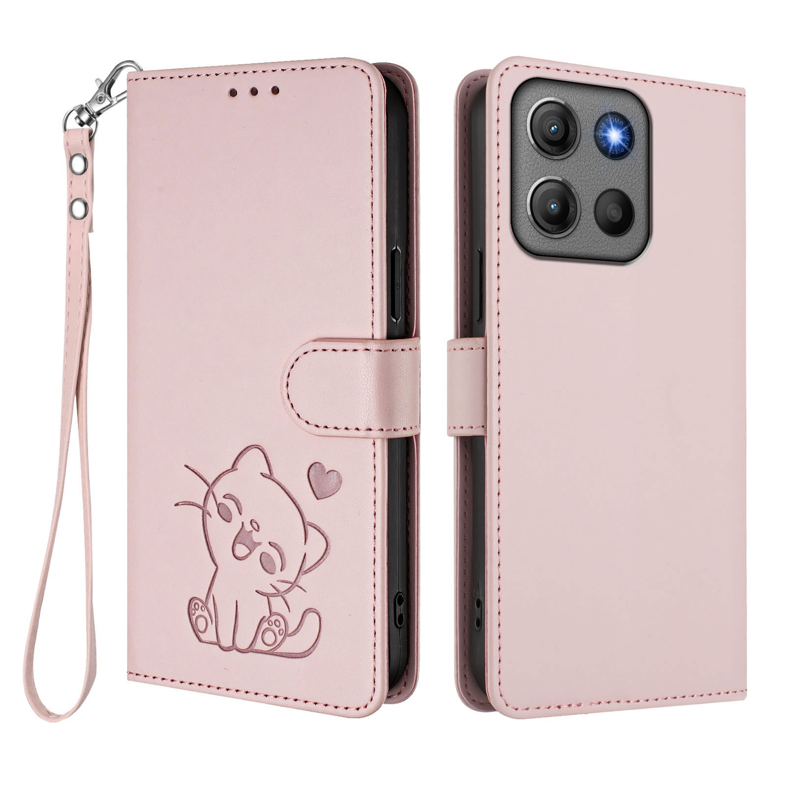 phone case wrist strap faux leather phone case for moto g17 4g g17 power 4g g15 g15 power cute kitten pattern protective cover with 3 card slots and 1   multifunctional card holder stand case shockproof cover suitable for men and women