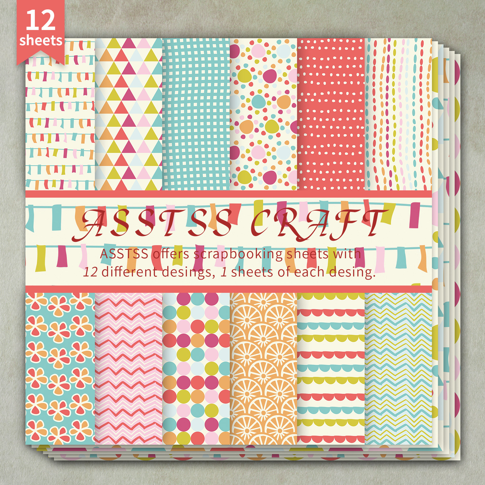 TEMU 12-sheet Asstss Heavyweight Scrapbooking Paper Pad Suitable For Journaling, Collage Art, Greeting Cards - Vintage Retro Floral & Bunting Backing