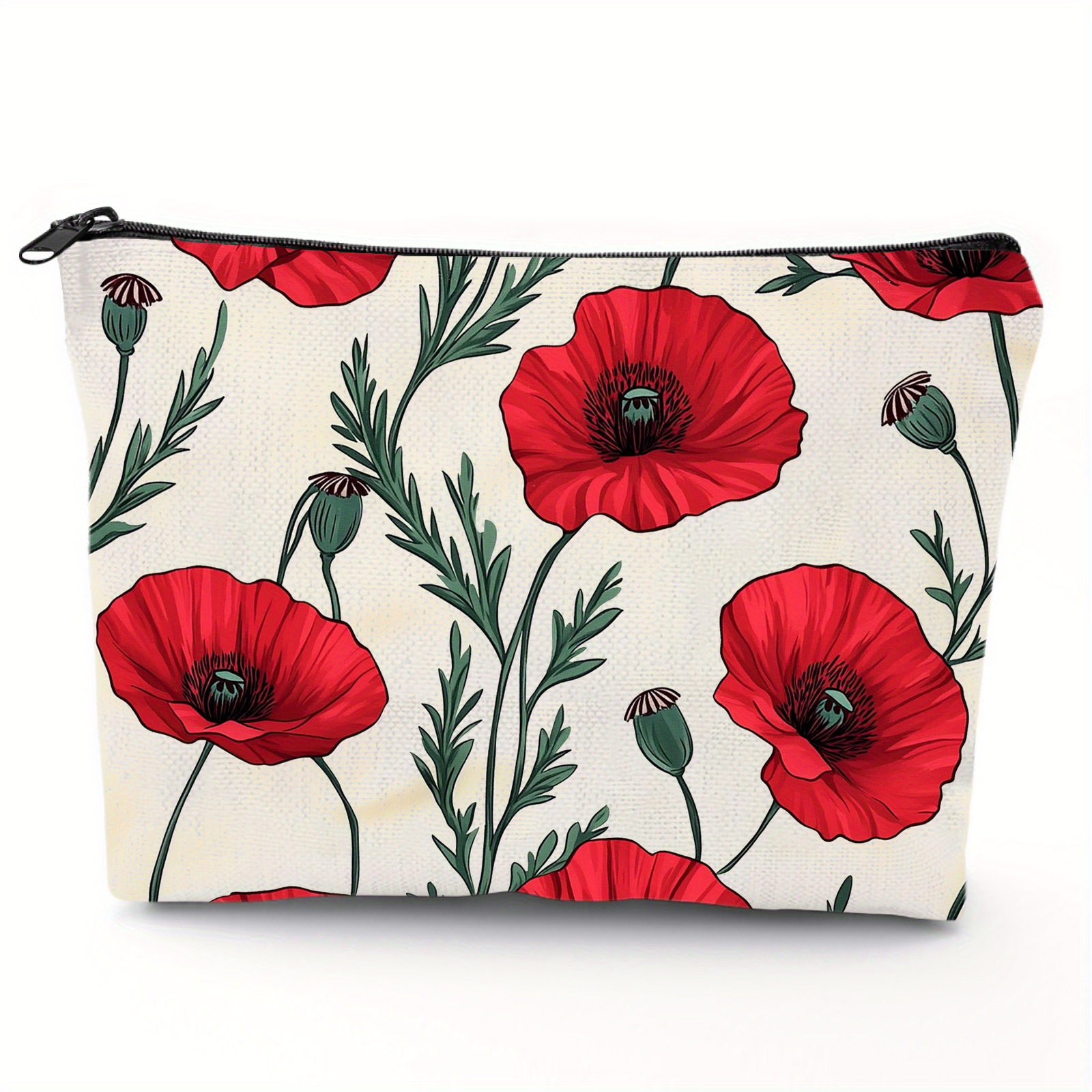 

1pc Poppy Makeup Bag - Polyester Zippered For , , No , Spacious Cosmetic Organizer For Women