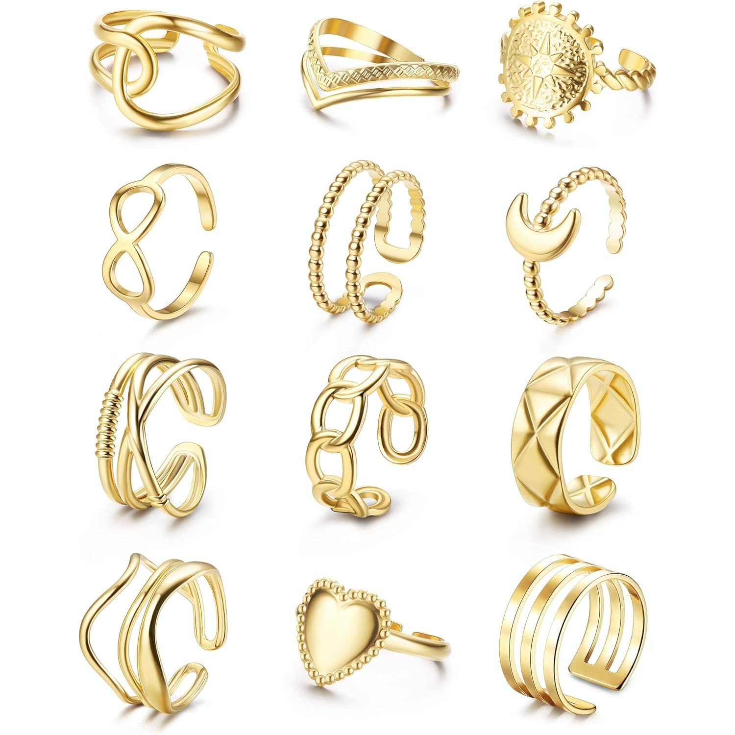 Image of 12pcs For Women: 316l Stainless Steel Vintage Punk Boho Stackable Thumb Rings