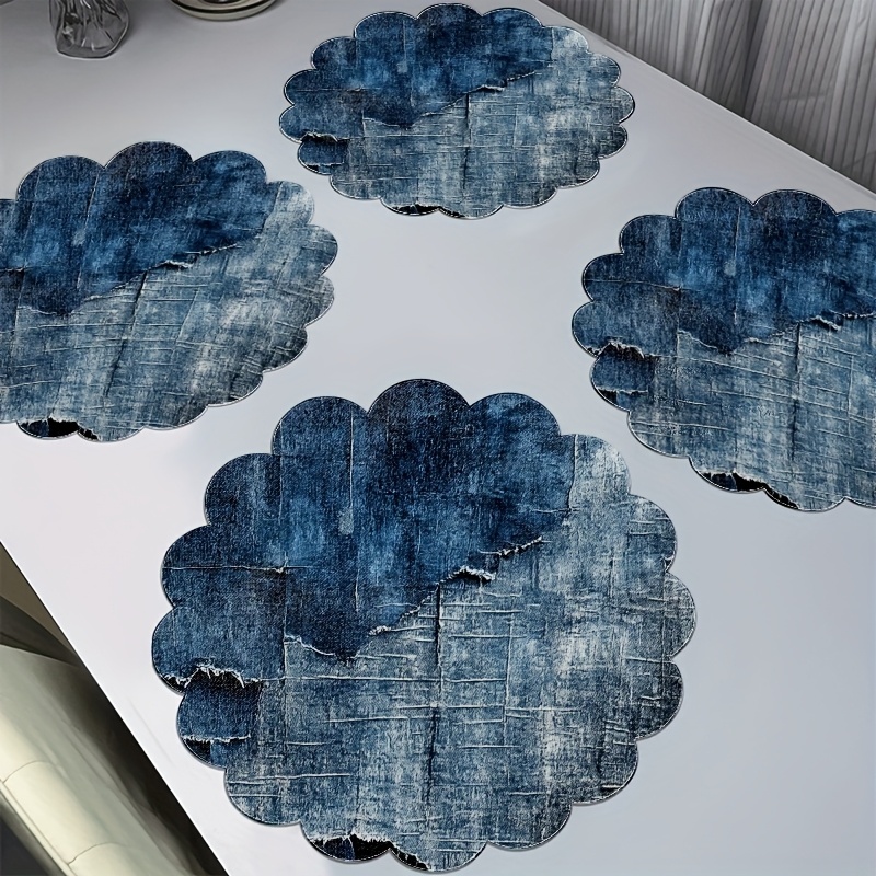 Of 4 Round Table Mats Featuring Distressed Denim Patterns In Shades With Frayed Edges, Perfect For And Spring , Measuring 15 Inches, Ideal For Summer Decor