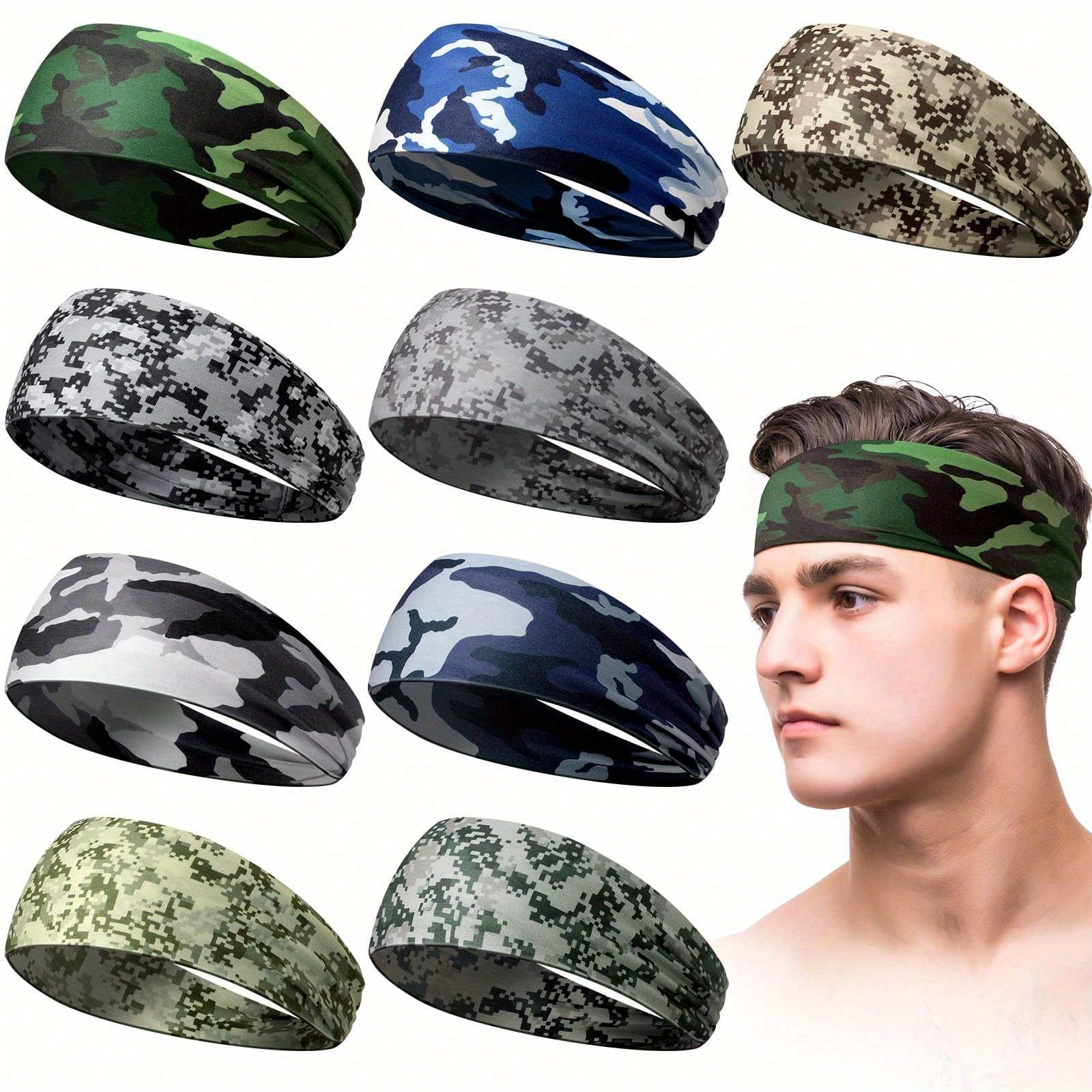 TEMU 9pcs Sweatbands For Men Workout Sport Headbands For Men Camo Headband Sweat Absorbing Headband Wide Sweatband For Football Cycling Running Yoga, 4.7 X 9.8 Inch