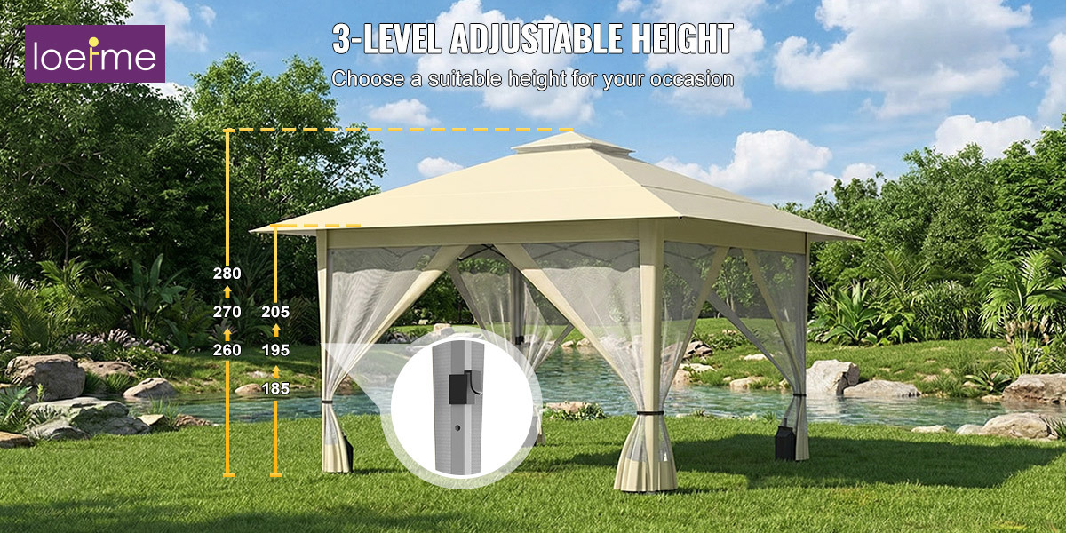 LOEFME 3.9x3.9m Сгъваем палатка-беседка с 4 подвижни странични панела и чанта за носене - Моментално сгъваем навес за външна градина, тераса, парти, пикник, къмпинг