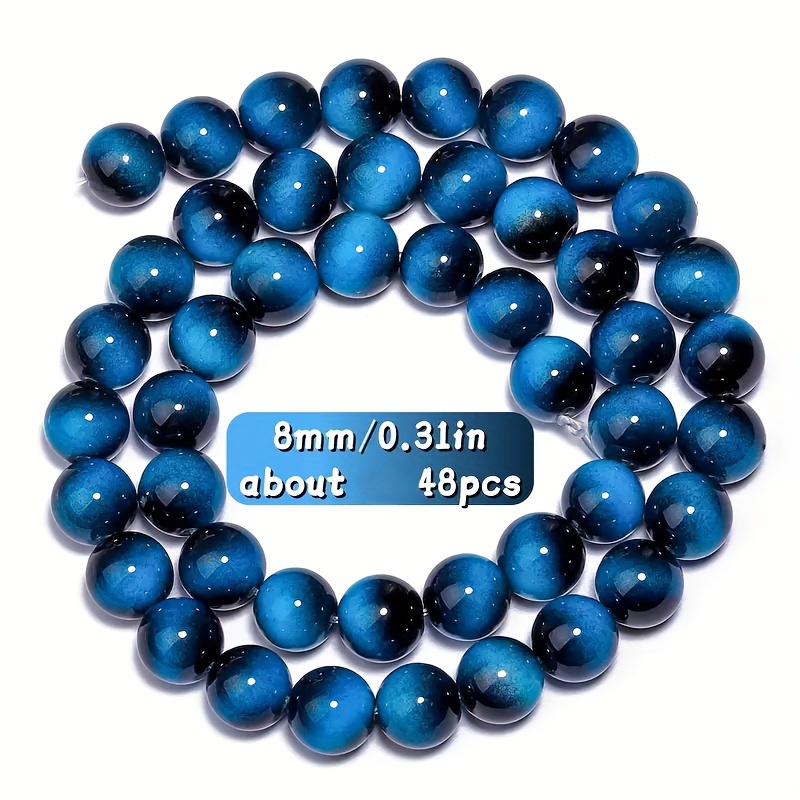 TEMU 48pcs Perles en verre œil de 8Mm, bleu foncé à bleu marine, extrémité lisse et brillante, idéales pour la création de bijoux, bracelets, et