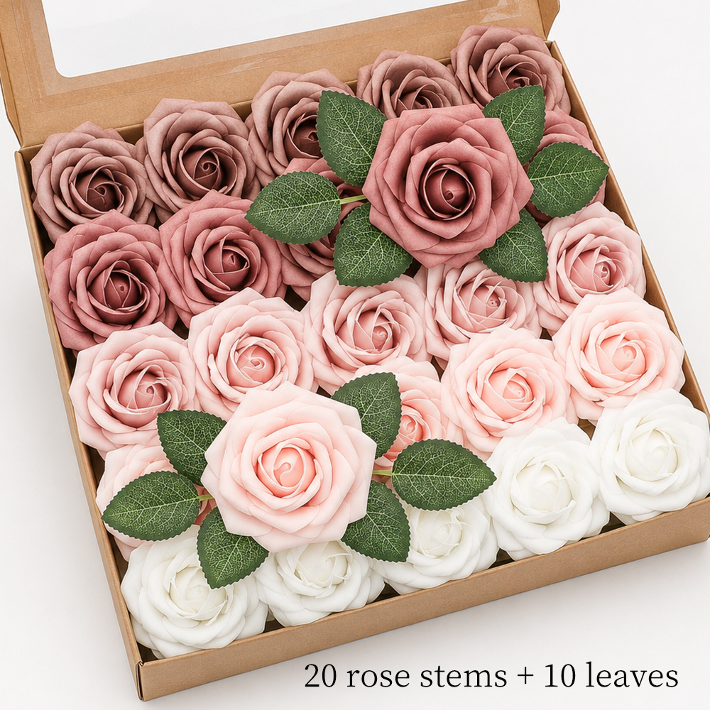 TEMU 30pcs Artificial Flower Set: 20 Roses + 10 Leaves, Realistic High-quality Artificial Flowers, Perfectly Suitable For Weddings, Parties,